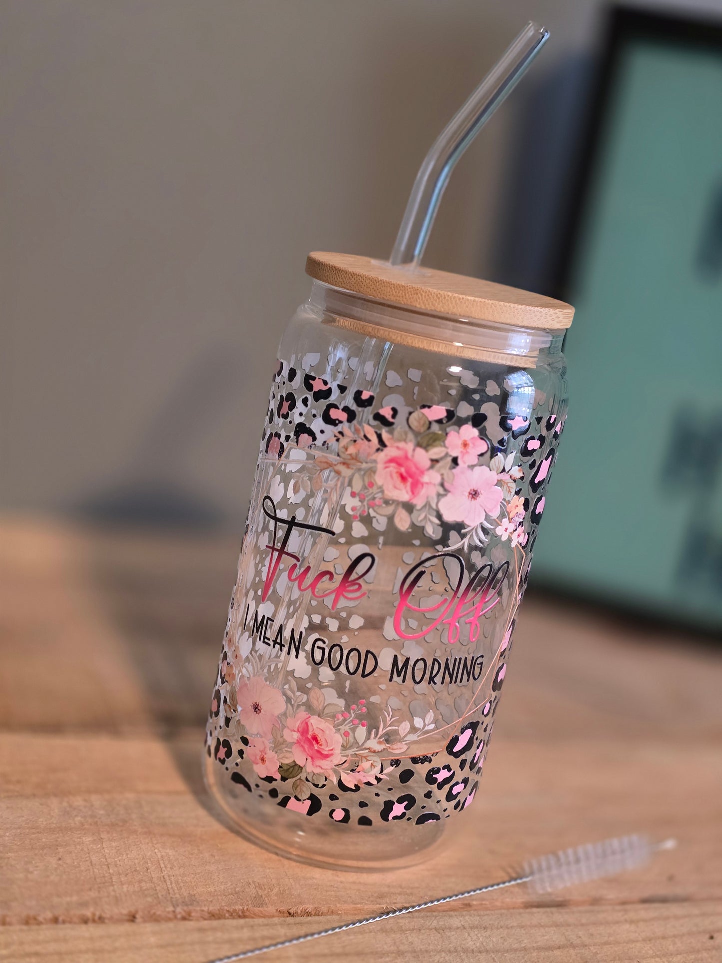 PINK FLORAL LEAPORD- F*** Off I Mean Good Morning- 16oz Glass Tumbler